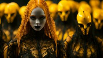 a woman with long black hair standing in front of a group of yellow aliens generative ai photo