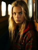 a woman with long blonde hair sitting on a bus generative ai photo