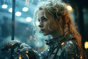 a woman with long blonde hair standing in front of a window generative ai photo