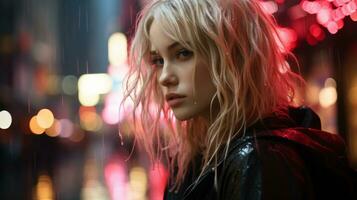 a woman with long blonde hair standing in the rain generative ai photo