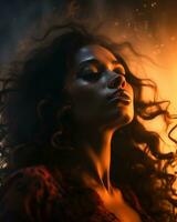 a woman with long curly hair in front of a fire generative ai photo