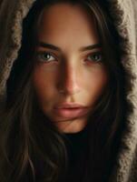 a woman with long brown hair and green eyes is wearing a hood generative ai photo