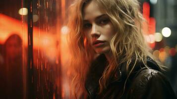 a woman with long blonde hair standing in front of a red light generative ai photo