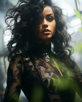 a woman with long curly hair posing in front of plants generative ai photo