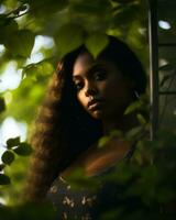 a woman with long curly hair standing in the woods generative ai photo