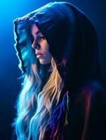a woman with long hair and a black hoodie generative ai photo