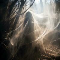 a woman with long hair is standing in the woods generative ai photo