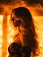 a woman with long hair standing in front of a fire generative ai photo