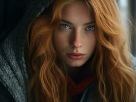 a woman with long red hair and blue eyes generative ai photo
