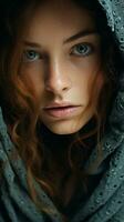 a woman with long red hair is wearing a hood generative ai photo