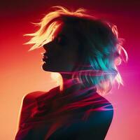 a woman with neon hair in front of a red and blue background generative ai photo