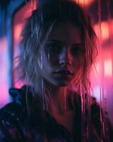 a woman with neon lights in front of her generative ai photo