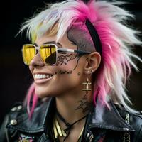 a woman with pink and yellow hair wearing sunglasses generative ai photo