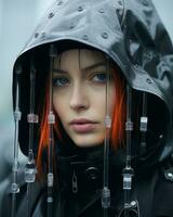 a woman with orange hair and a black jacket generative ai photo