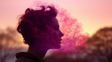 a woman with pink smoke coming out of her hair generative ai photo