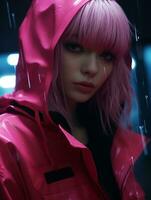 a woman with pink hair wearing a pink raincoat generative ai photo