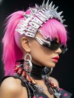 a woman with pink hair wearing a spiked headband generative ai photo