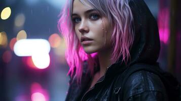 a woman with pink hair in the rain generative ai photo