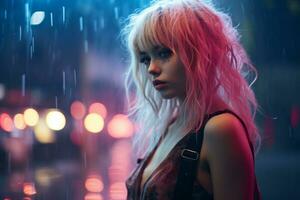 a woman with pink hair standing in the rain generative ai photo
