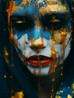 a woman with paint on her face and blue and gold paint on her face generative ai photo