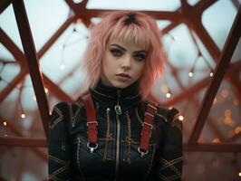 a woman with pink hair wearing a leather jacket and suspenders generative ai photo