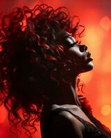 a woman with red curly hair and a red background generative ai photo