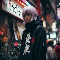 a woman with purple hair wearing a black hoodie generative ai photo