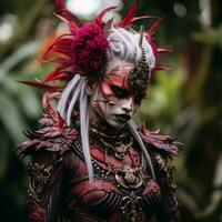 a woman with red and white makeup and feathers on her head generative ai photo