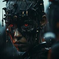 a woman with red eyes in the rain generative ai photo