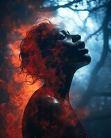 a woman with red fire coming out of her hair generative ai photo