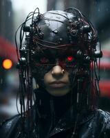 a woman with red eyes and wires on her head generative ai photo