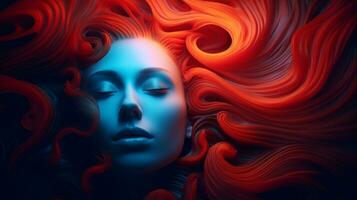 un mujer con rojo pelo y azul ojos generativo ai foto
