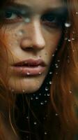 a woman with red hair and water droplets on her face generative ai photo