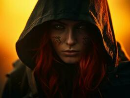 a woman with red hair in a hooded jacket generative ai photo