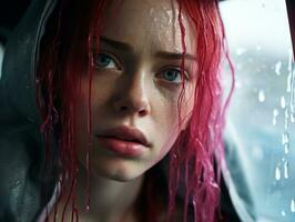 un mujer con rojo pelo en el lluvia generativo ai foto