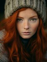 a woman with red hair wearing a knitted hat generative ai photo