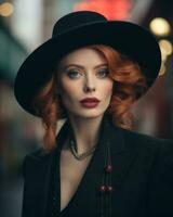 a woman with red hair wearing a black hat generative ai photo
