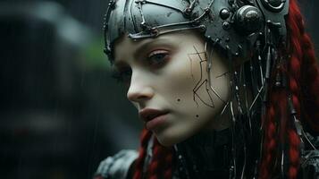 a woman with red hair wearing a helmet in the rain generative ai photo