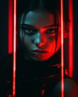 un mujer con rojo neón luces en su cara generativo ai foto