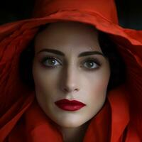 a woman with red makeup and a red hat generative ai photo