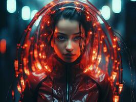 a woman with red lights on her head generative ai photo