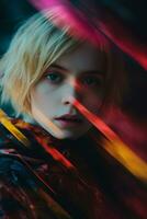 a woman with short blonde hair is in front of a colorful background generative ai photo