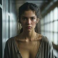 a woman with wet hair standing in a hallway generative ai photo