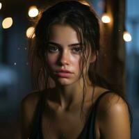 a woman with wet hair standing in front of lights generative ai photo