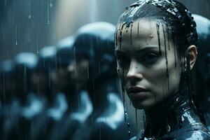 a woman with wet hair standing in front of a group of people generative ai photo