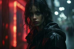 a woman with wet hair standing in the rain generative ai photo
