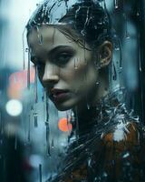 un mujer con mojado pelo en pie en el lluvia generativo ai foto