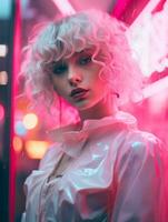 un mujer con blanco pelo y rosado neón luces generativo ai foto