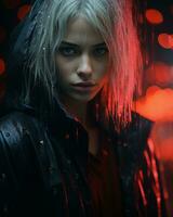 a woman with white hair in the rain generative ai photo