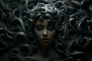 a womans face is surrounded by black swirls generative ai photo